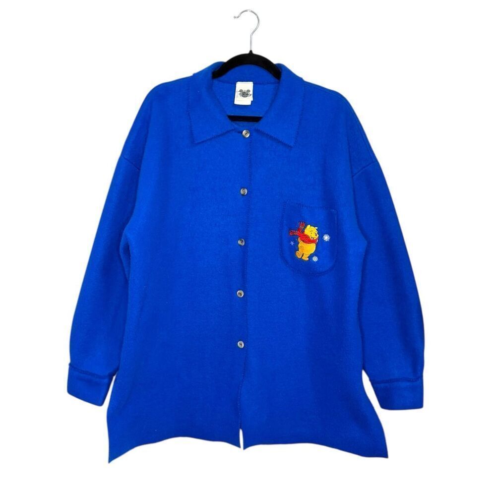 Vtg Disney Catalog Women’s Large Winnie the Pooh Fleece Sweater Blue Button 90s‎